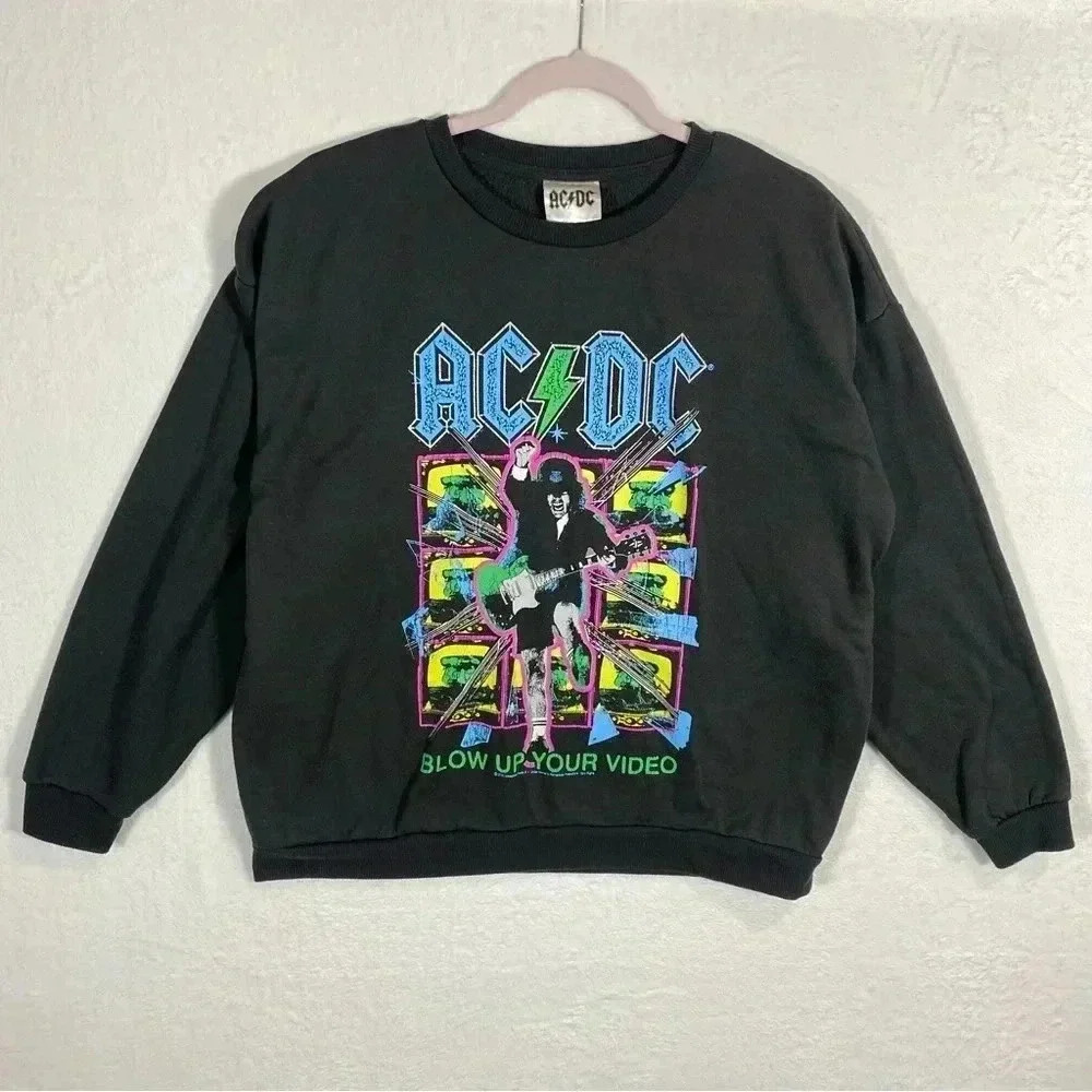 AC/DC Blow Up Your Video Women’s Dark Grey Crew Neck‎ Pullover Sweatshirt L